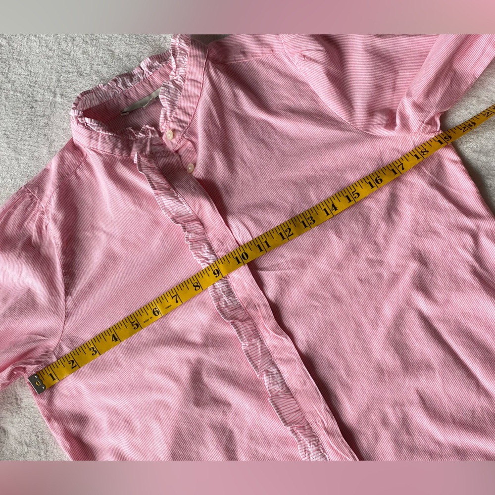 👚 Loft pink and white striped ruffle blouse shirt top XS - Picture 11 of 12